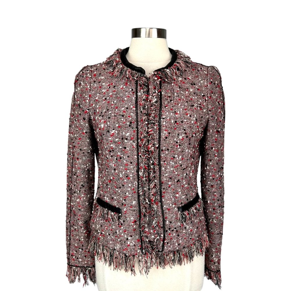 McGinn Red Bijou Tweed Fringe Blazer Wool Blend Hook Front size 8